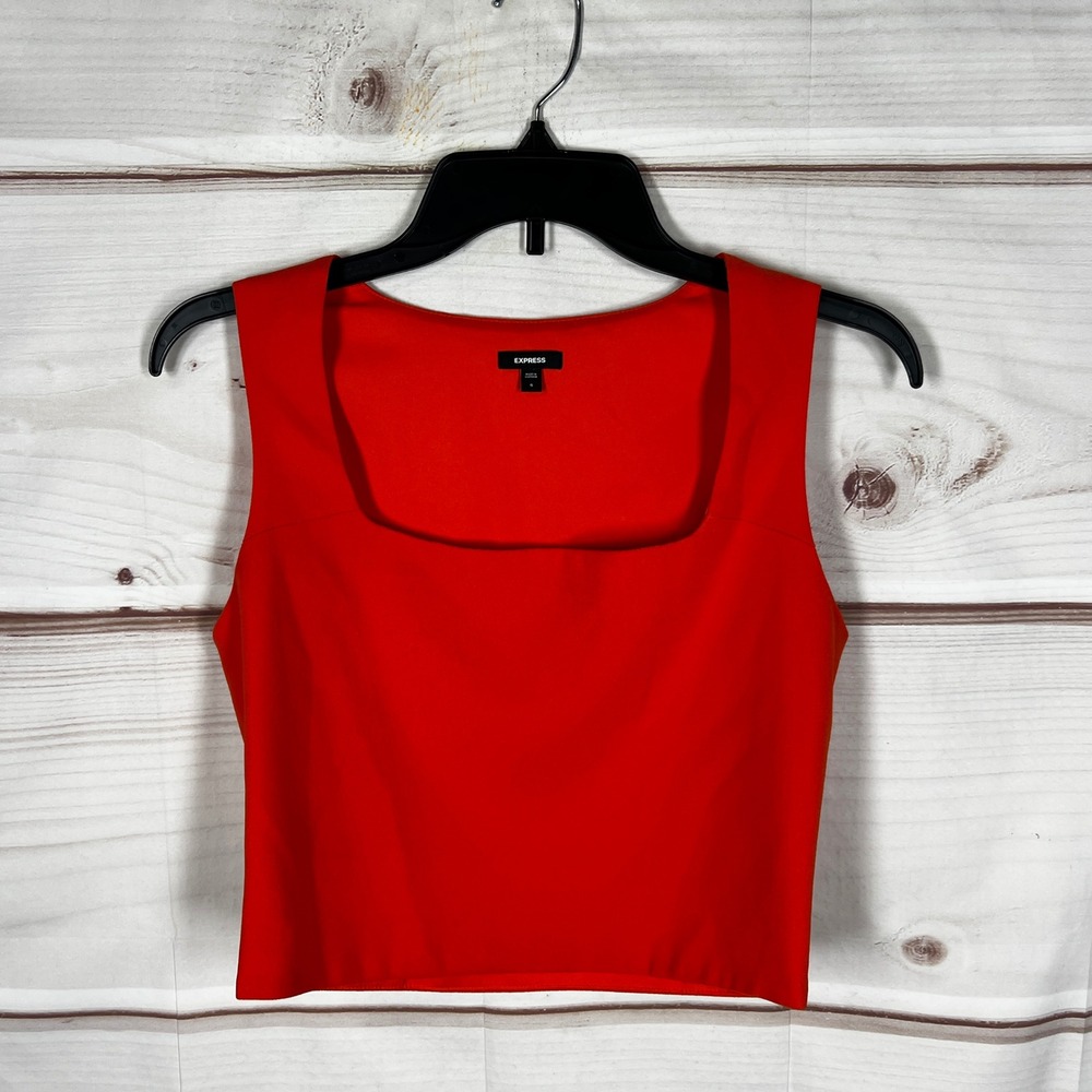 Express Cropped Tank Top Womens Small Orange Solid Sleeveless Square Neck Lined
